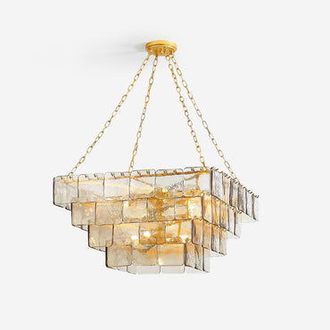 Séverine Glass Chandelier, Layered Textured Panels with Gold Frame