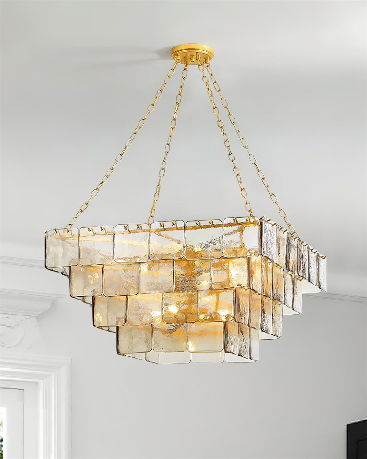 Séverine Glass Chandelier, Layered Textured Panels with Gold Frame