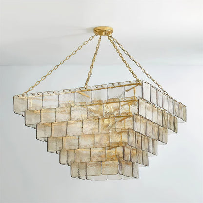 Séverine Glass Chandelier, Layered Textured Panels with Gold Frame