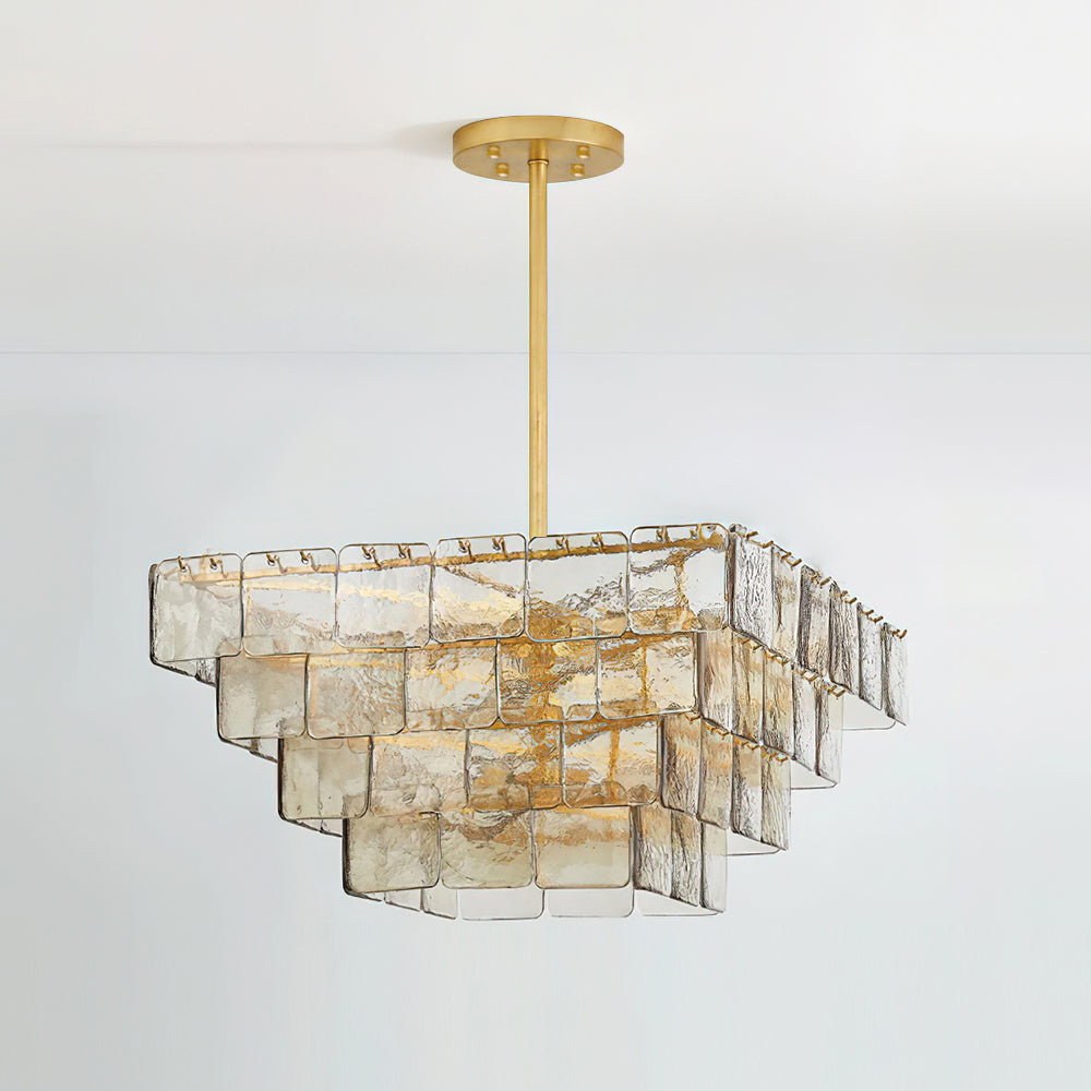 Séverine Glass Chandelier, Layered Textured Panels with Gold Frame