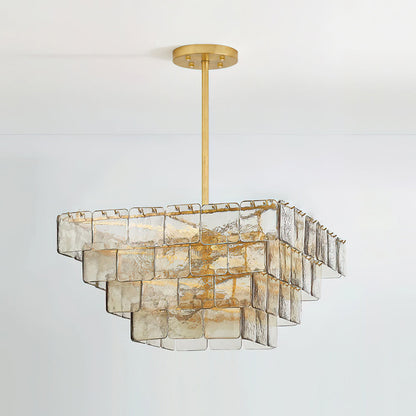 Séverine Glass Chandelier, Layered Textured Panels with Gold Frame
