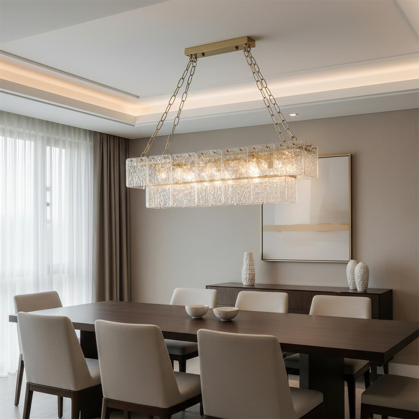 Séverine Glass Chandelier, Layered Textured Panels with Gold Frame