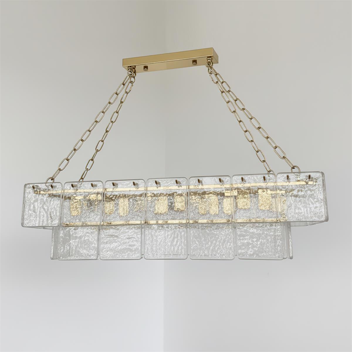 Séverine Glass Chandelier, Layered Textured Panels with Gold Frame