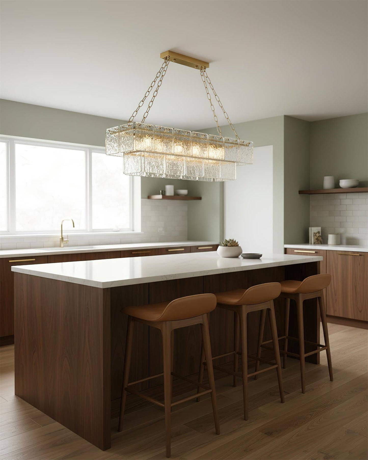Séverine Glass Chandelier, Layered Textured Panels with Gold Frame