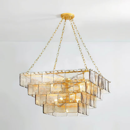 Séverine Glass Chandelier, Layered Textured Panels with Gold Frame