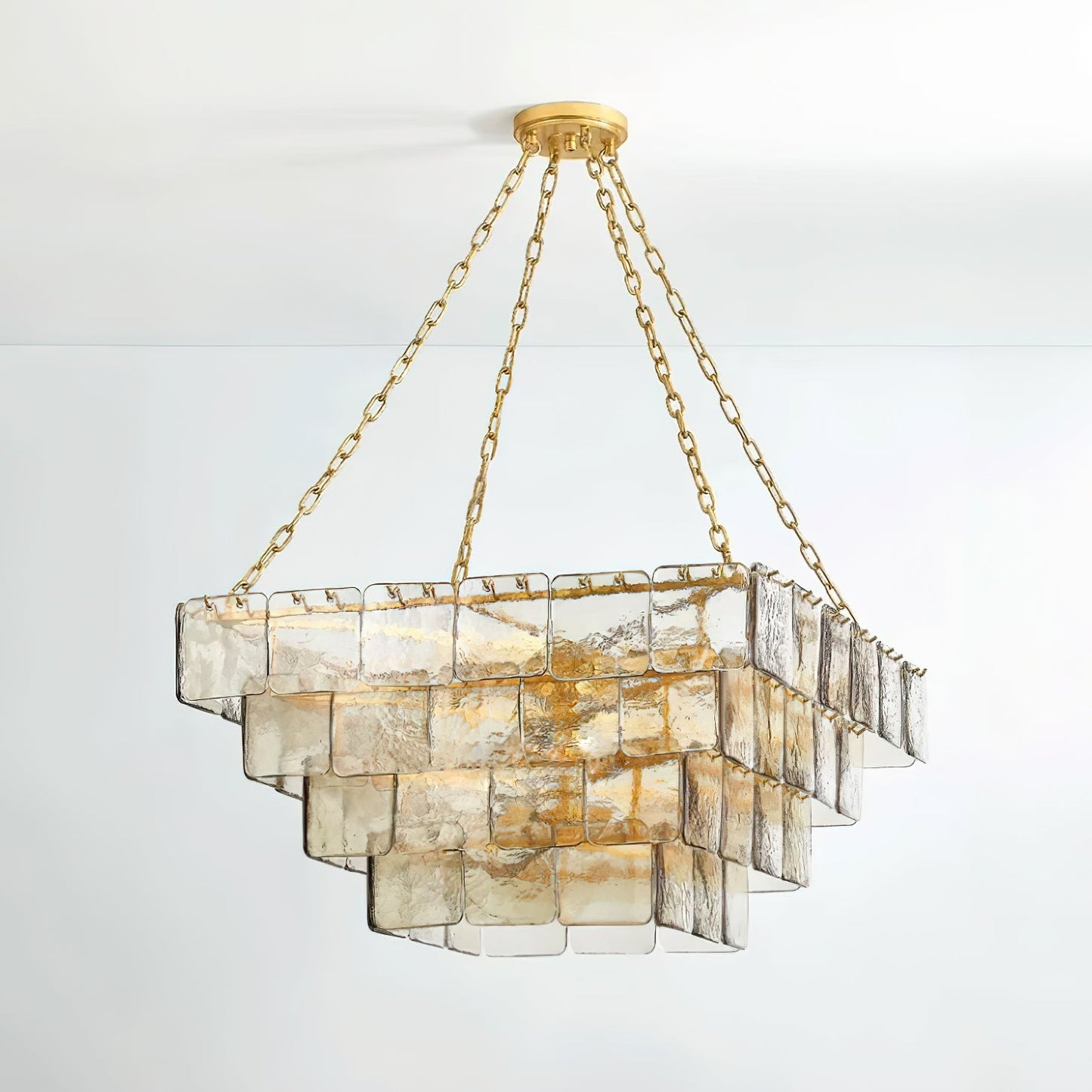 Séverine Glass Chandelier, Layered Textured Panels with Gold Frame