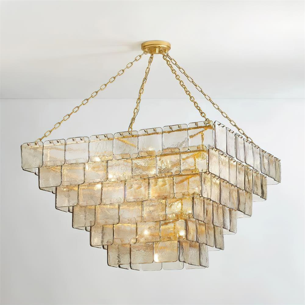 Séverine Glass Chandelier, Layered Textured Panels with Gold Frame