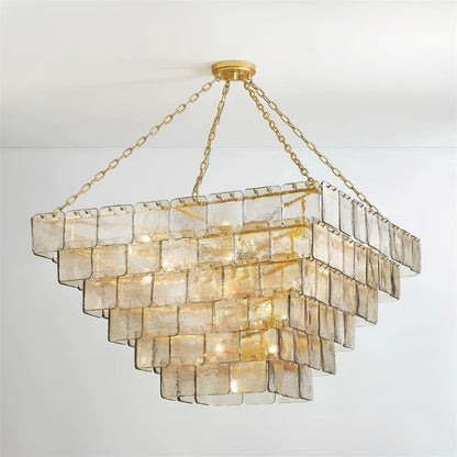 Séverine Glass Chandelier, Layered Textured Panels with Gold Frame