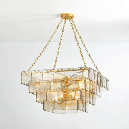 Séverine Glass Chandelier, Layered Textured Panels with Gold Frame