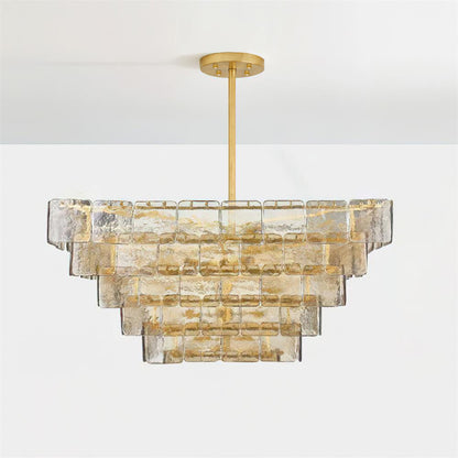Séverine Glass Chandelier, Layered Textured Panels with Gold Frame