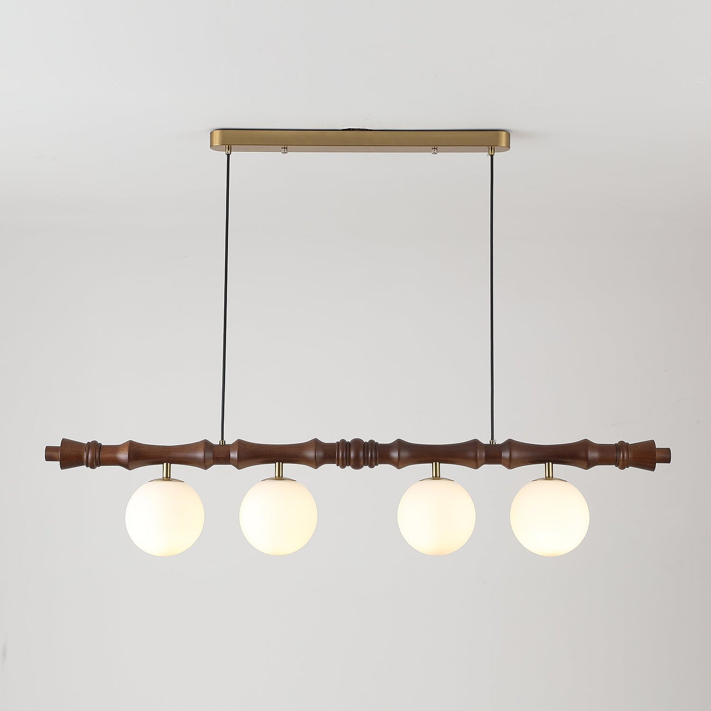 Céline Wood Chandelier, Carved Wooden Beam with Frosted Glass Globes