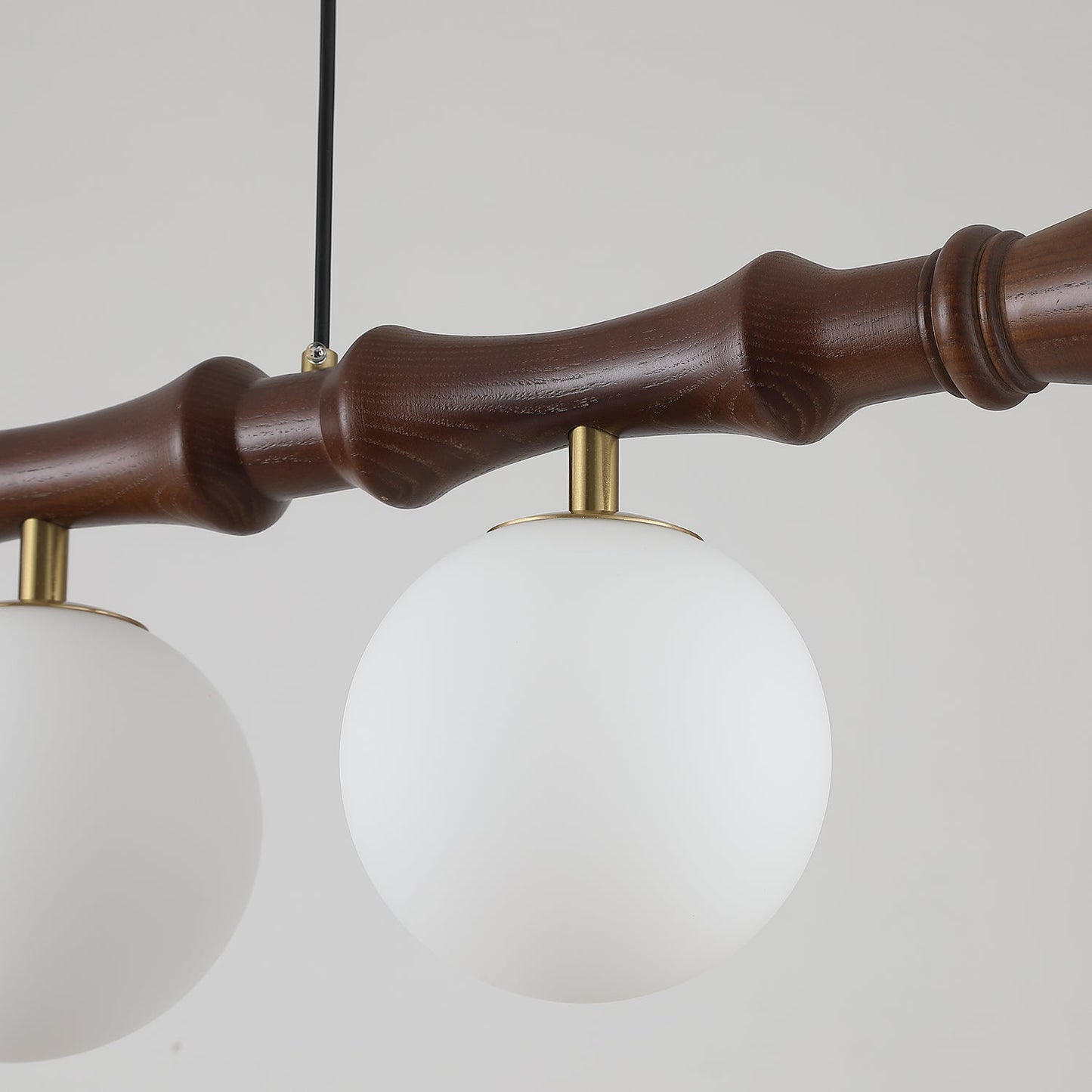 Céline Wood Chandelier, Carved Wooden Beam with Frosted Glass Globes