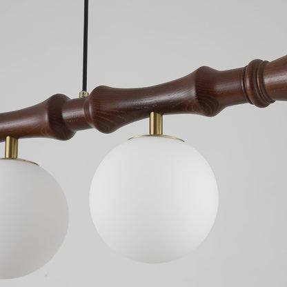 Céline Wood Chandelier, Carved Wooden Beam with Frosted Glass Globes