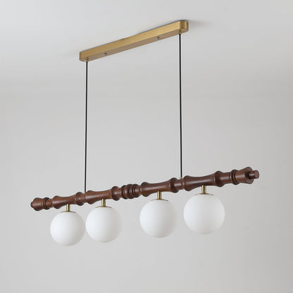 Céline Wood Chandelier, Carved Wooden Beam with Frosted Glass Globes
