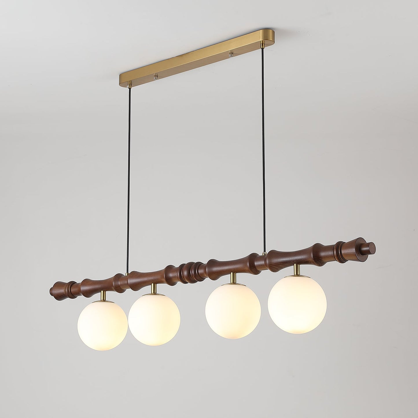 Céline Wood Chandelier, Carved Wooden Beam with Frosted Glass Globes