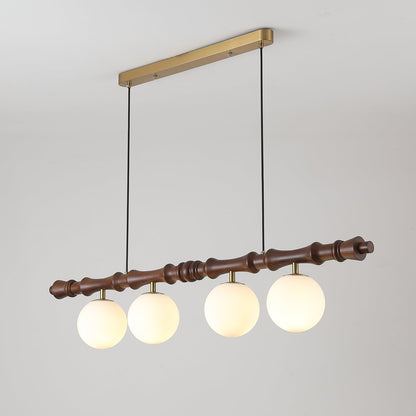 Céline Wood Chandelier, Carved Wooden Beam with Frosted Glass Globes