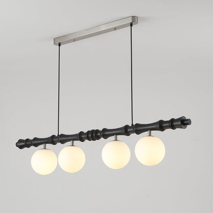 Céline Wood Chandelier, Carved Wooden Beam with Frosted Glass Globes
