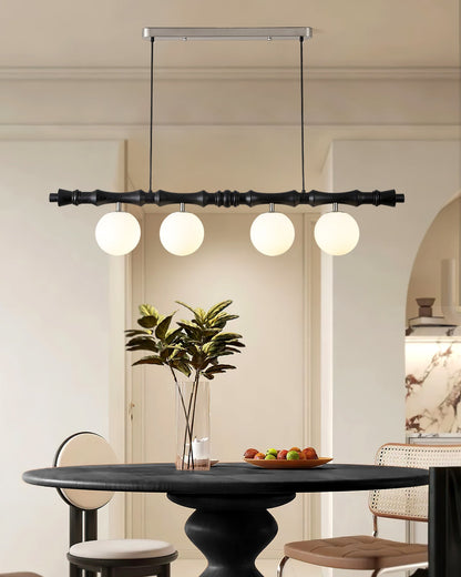Céline Wood Chandelier, Carved Wooden Beam with Frosted Glass Globes