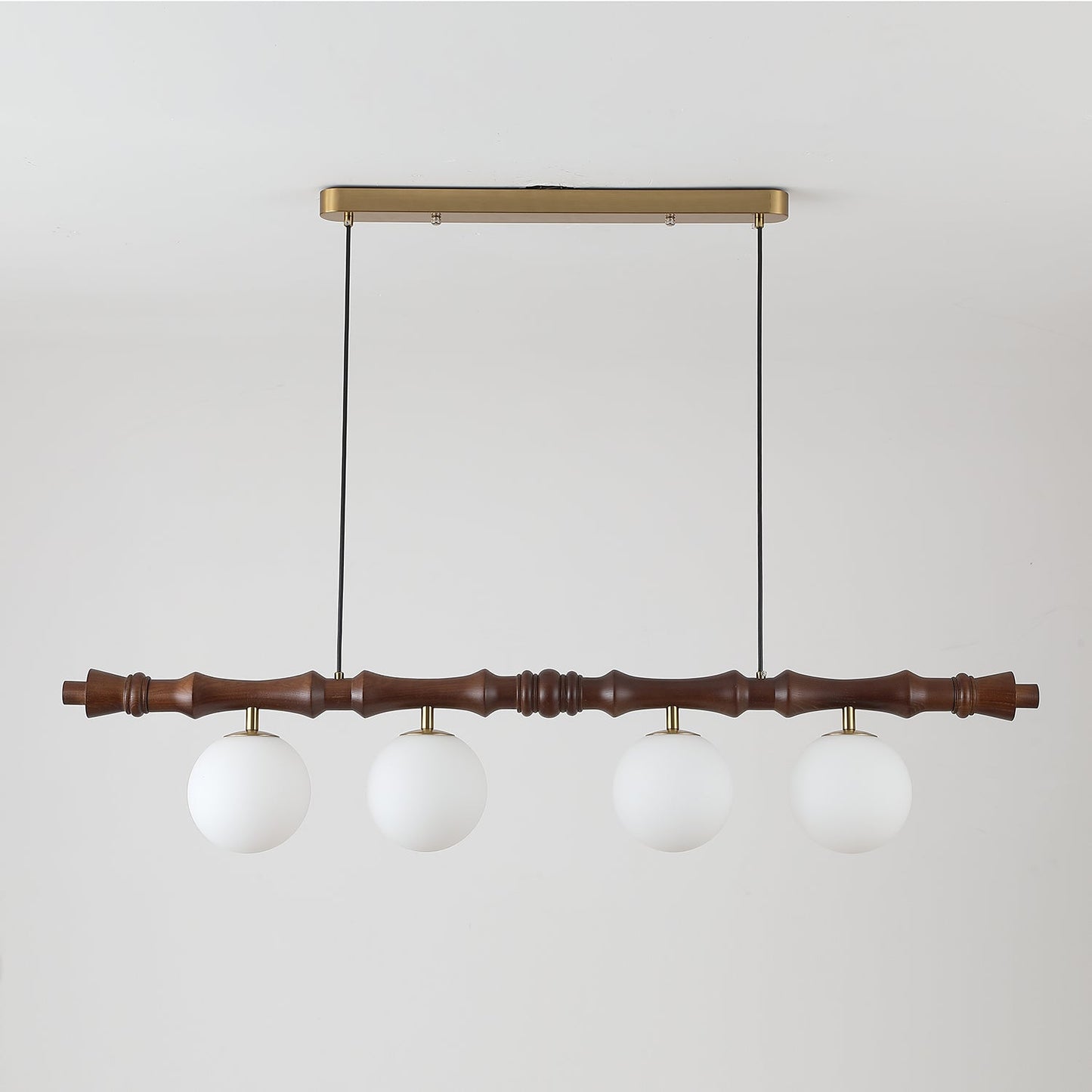 Céline Wood Chandelier, Carved Wooden Beam with Frosted Glass Globes