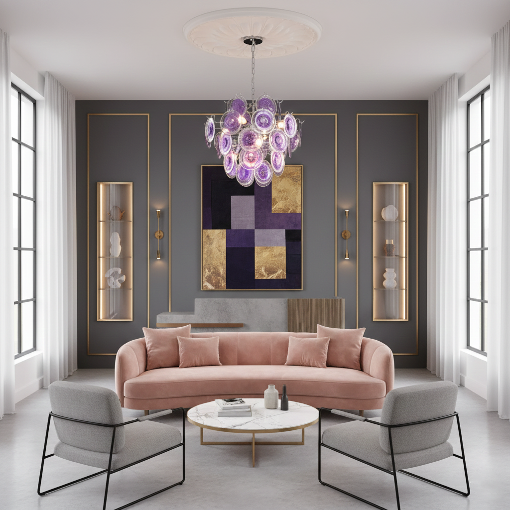 Sabine Glass Chandelier, Hand-Blown Disc Sphere with Metal Frame