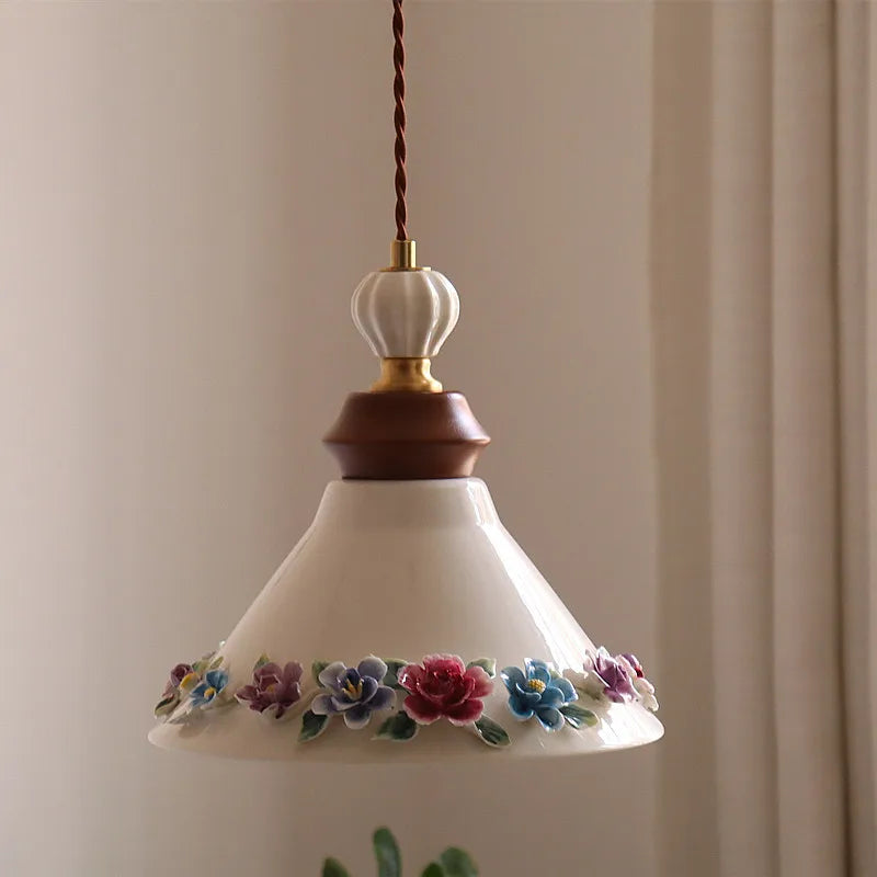 Élise Rose Blumen Keramik LED Pendelleuchte Nordisches Holz