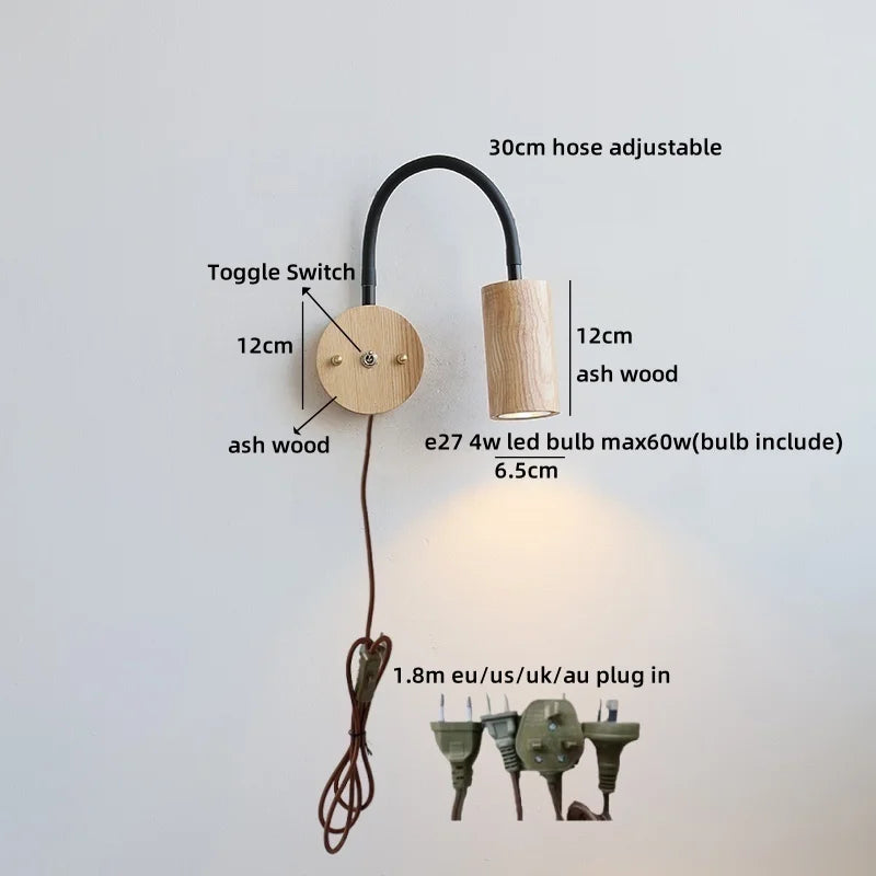 Élise Nordic Ash Wood LED Wall Lamp Pull Chain E27