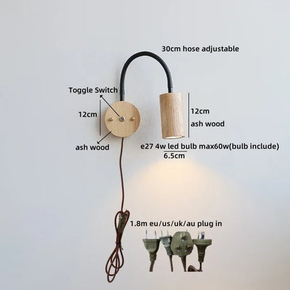 Élise Nordic Ash Wood LED Wall Lamp Pull Chain E27