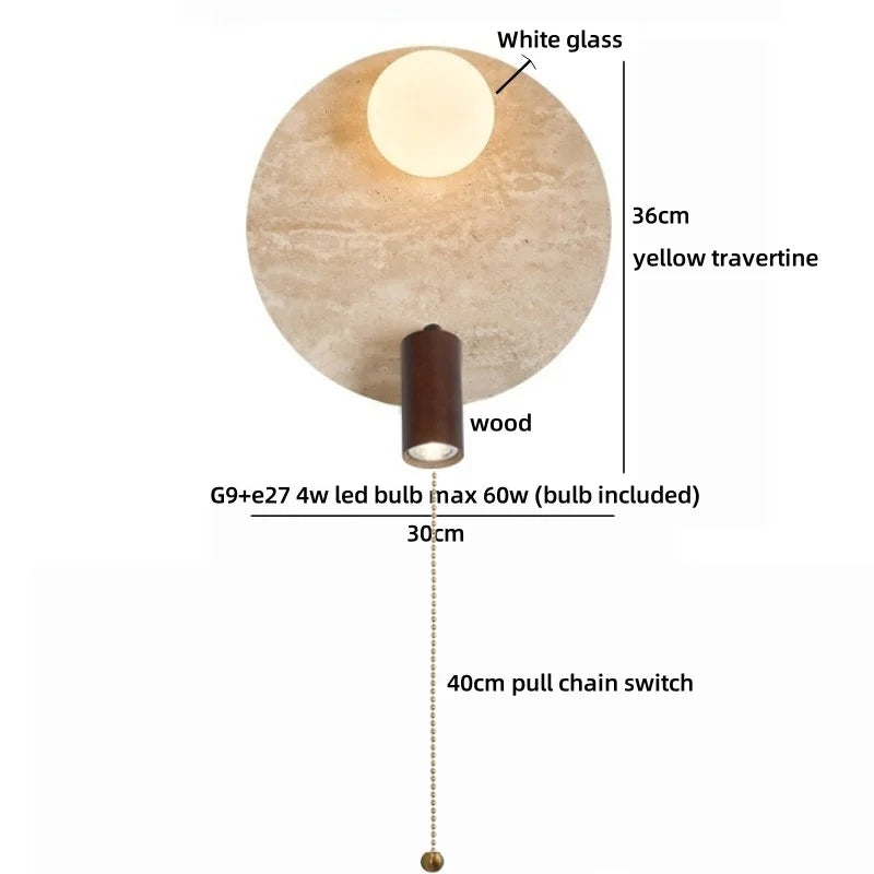 Sophie Gelb Travertin Holz LED Wandleuchte Wabi Sabi