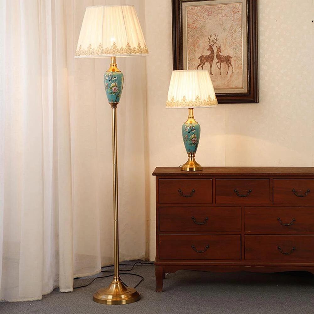 Élise Keramik Retro LED-Stehleuchte Stoffschirm Wohnzimmer