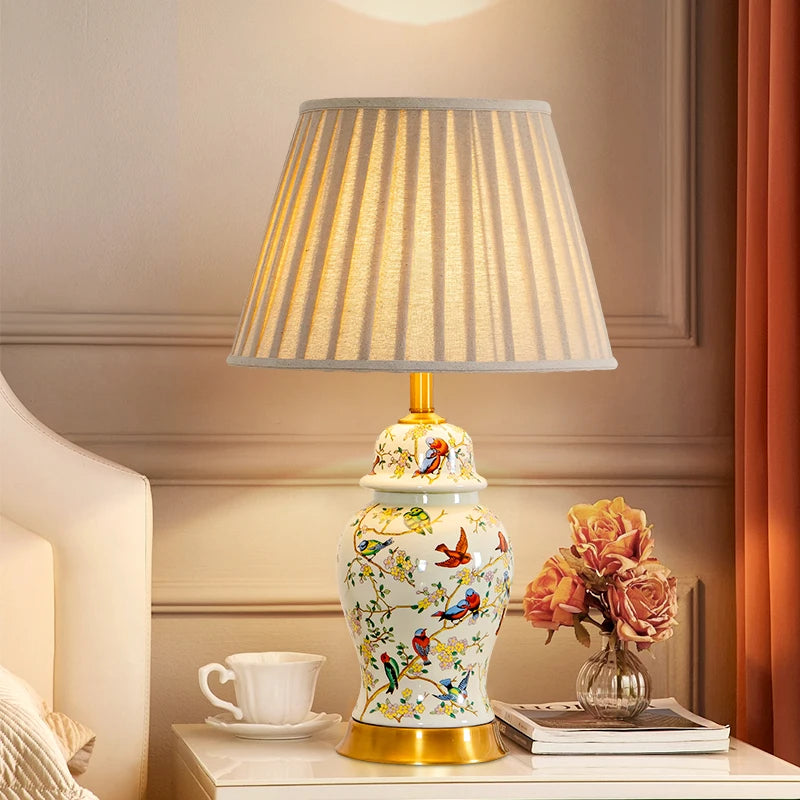 Floral Bird Ceramic Table Lamp with Fabric Shade for Bedroom Study
