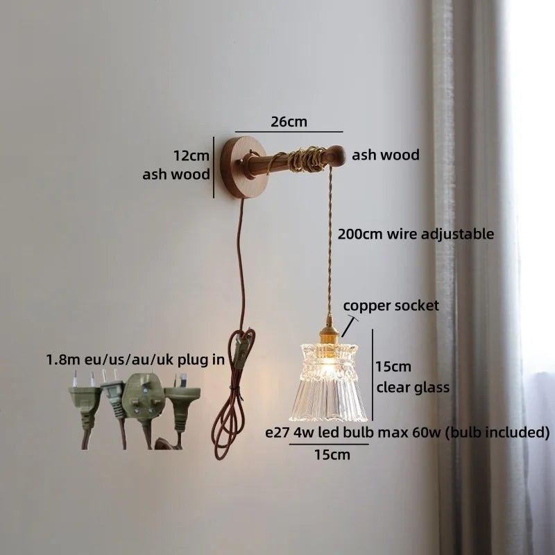 Madeleine Vintage Brass Wall Lamp with Ash Wood Base