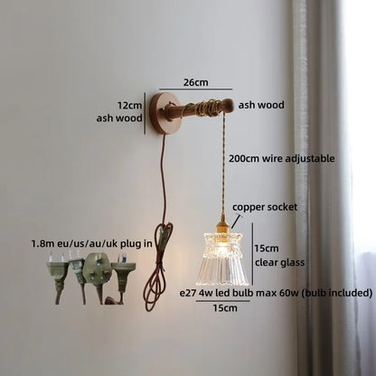 Madeleine Vintage Brass Wall Lamp with Ash Wood Base