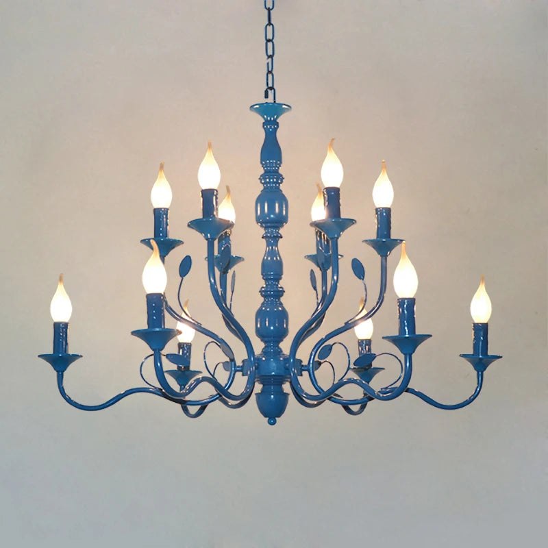 Luxury Rustic Wrought Iron Chandelier with Blue Candle LED Lights for Living Room