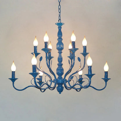 Luxury Rustic Wrought Iron Chandelier with Blue Candle LED Lights for Living Room