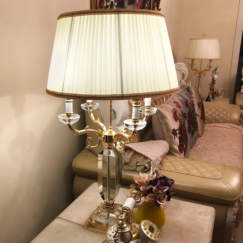 Luxus Kristall LED Tischlampe mit Stoffschirm für Schlafzimmer und Wohnzimmer