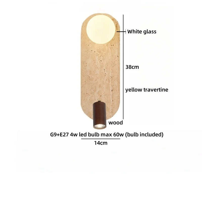 Sophie Gelb Travertin Holz LED Wandleuchte Wabi Sabi