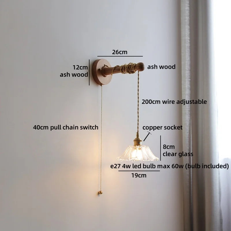 Madeleine Vintage Brass Wall Lamp with Ash Wood Base