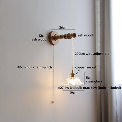 Madeleine Vintage Brass Wall Lamp with Ash Wood Base