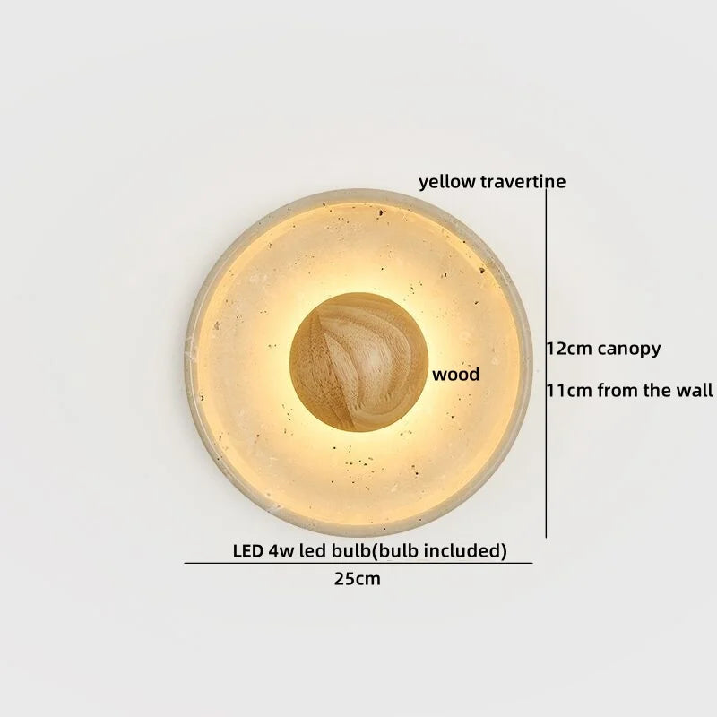 Sophie Gelb Travertin Holz LED Wandleuchte Wabi Sabi