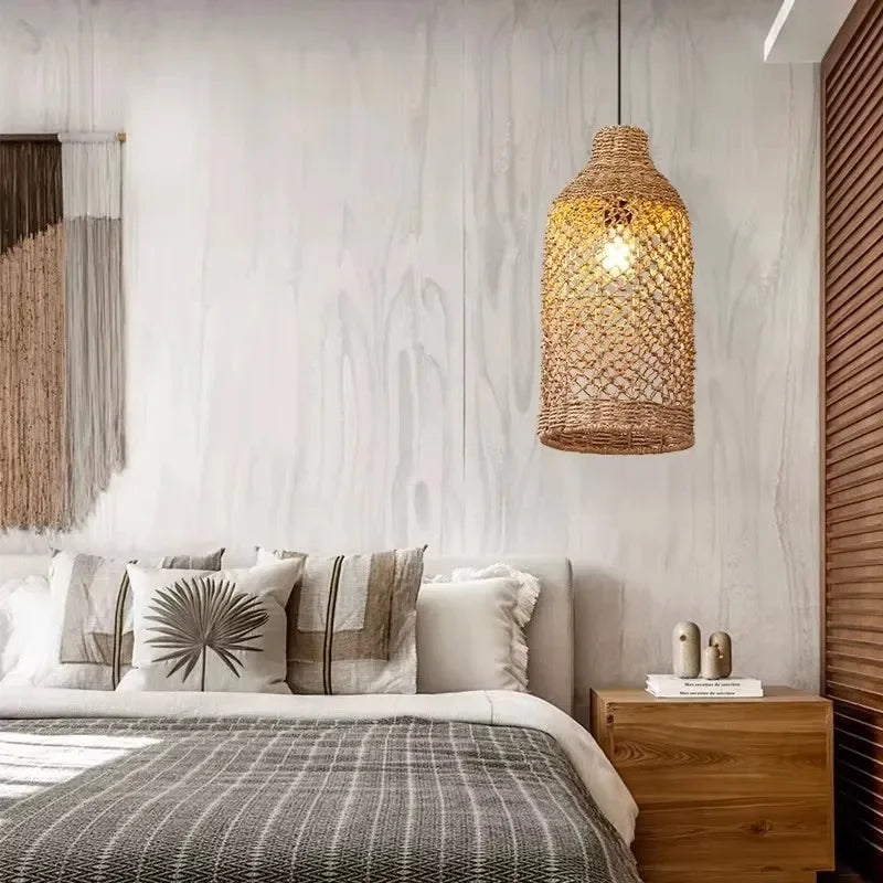 Elise Japanische Rattan-Pendelleuchte E27 Geflochtener LED-Kronleuchter Beige