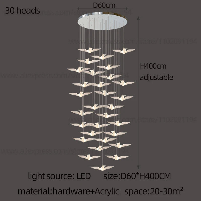 Delphine Swallow Bird LED Staircase Pendant Chandelier