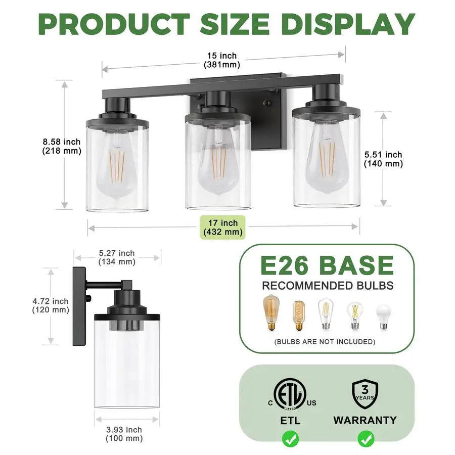 Élodie 3-Light Black Bathroom Vanity Mirror Wall Lamp 17 Inch