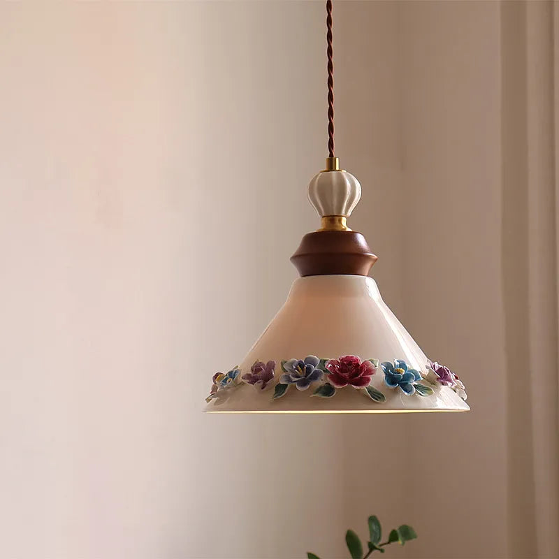 Élise Rose Blumen Keramik LED Pendelleuchte Nordisches Holz