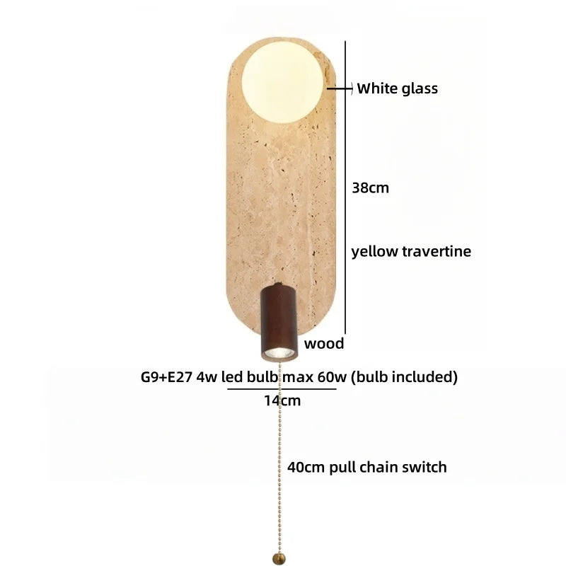 Sophie Gelb Travertin Holz LED Wandleuchte Wabi Sabi