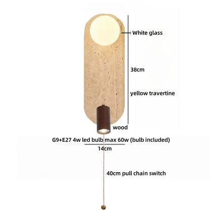 Sophie Gelb Travertin Holz LED Wandleuchte Wabi Sabi