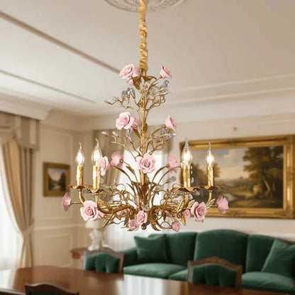 Chloé French Rose Gold Keramik-Blumen-Pendelleuchte mit 5 Leuchten
