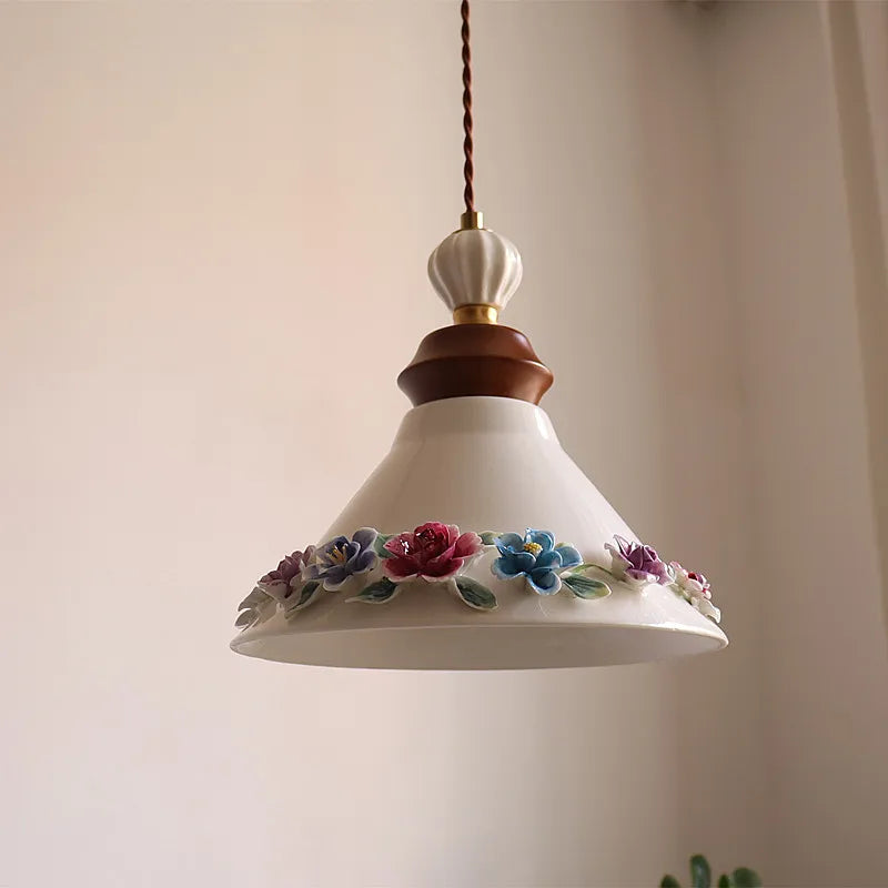 Élise Rose Blumen Keramik LED Pendelleuchte Nordisches Holz
