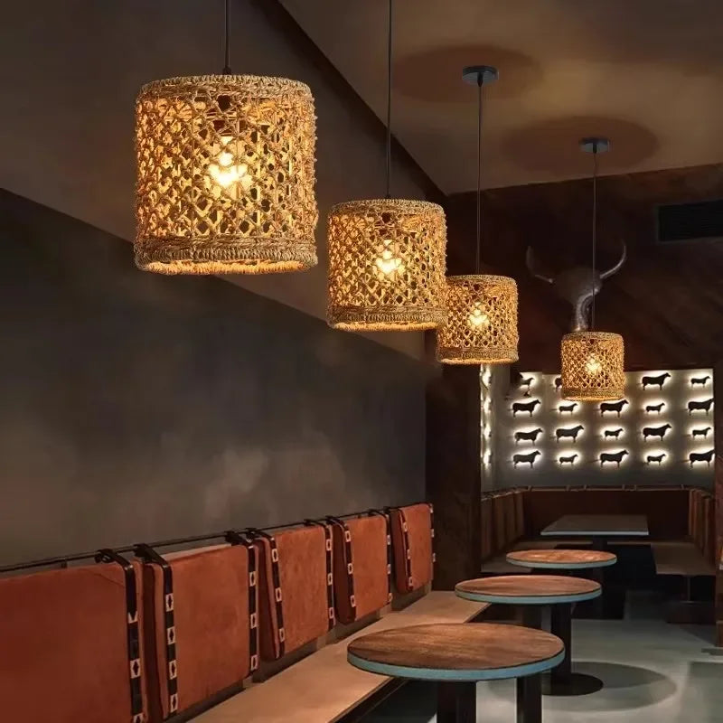Elise Japanische Rattan-Pendelleuchte E27 Geflochtener LED-Kronleuchter Beige