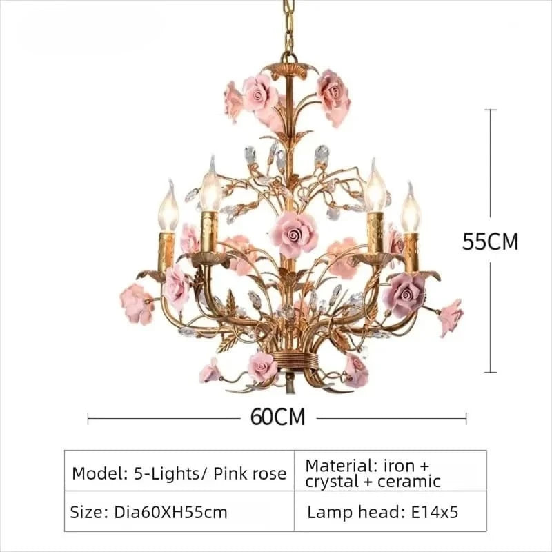 Chloé French Rose Gold Keramik-Blumen-Pendelleuchte mit 5 Leuchten