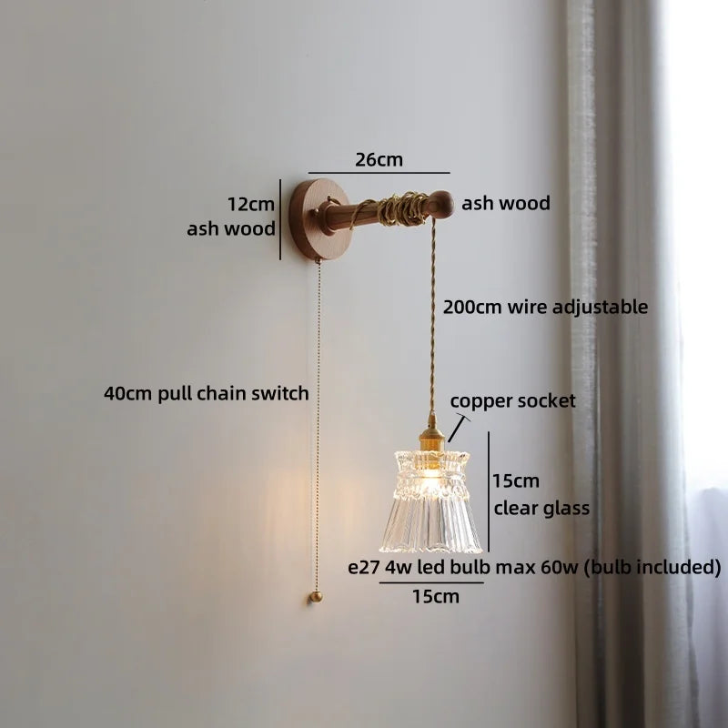 Madeleine Vintage Brass Wall Lamp with Ash Wood Base